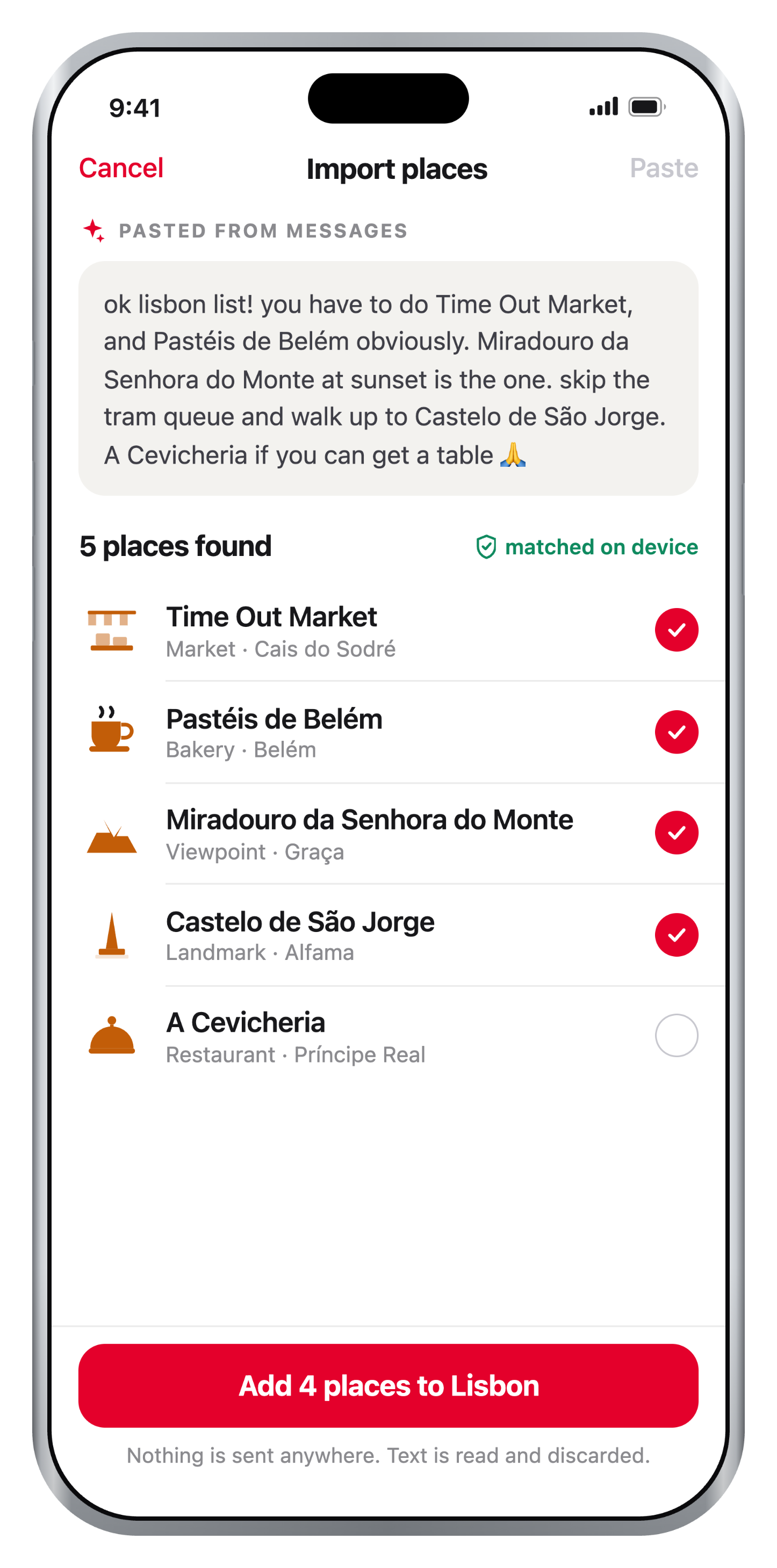 Pasting a plain-text list of places