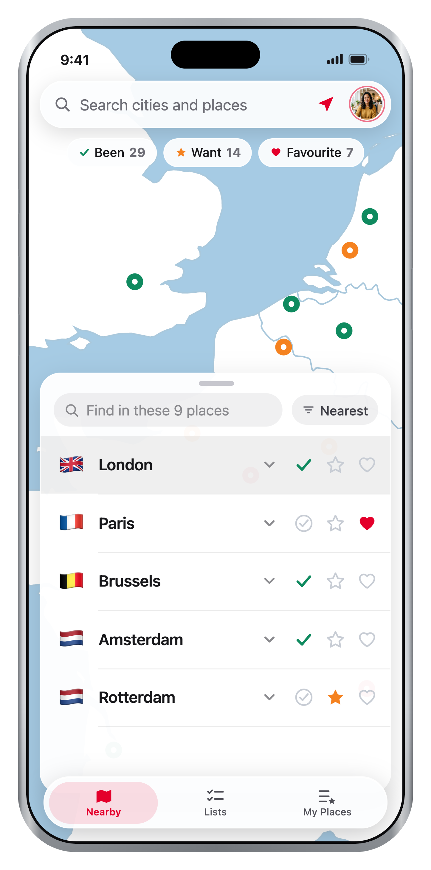 Pinned's map, with cities marked been, want and favourite