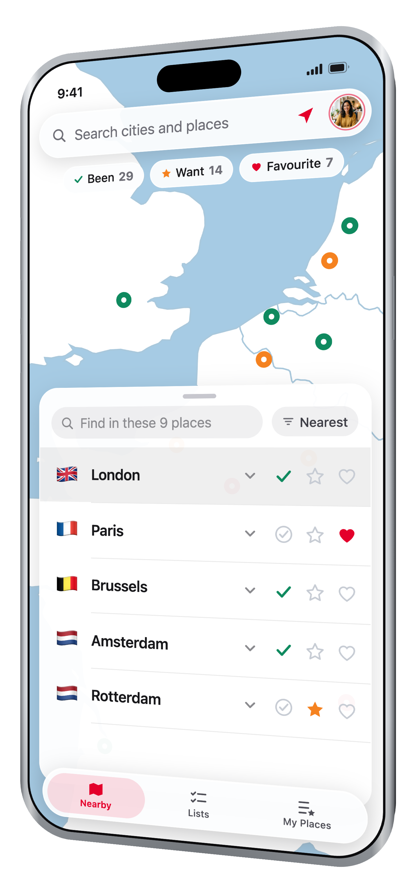 A sliver of map above the list of nearby cities